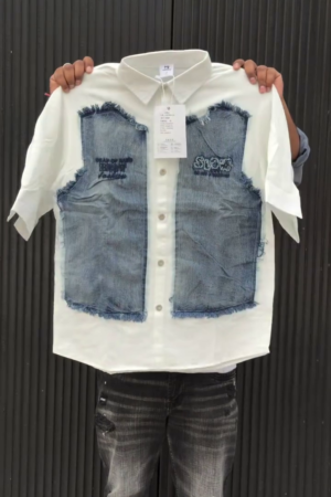 Colourblocked Drop-Shoulder Sleeves Relaxed Fit Denim Casual Shirt