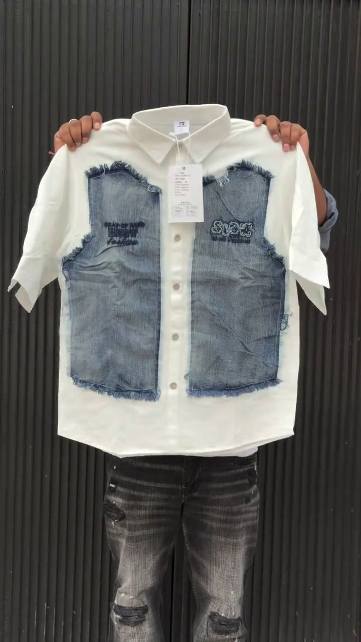 Colourblocked Drop-Shoulder Sleeves Relaxed Fit Denim Casual Shirt