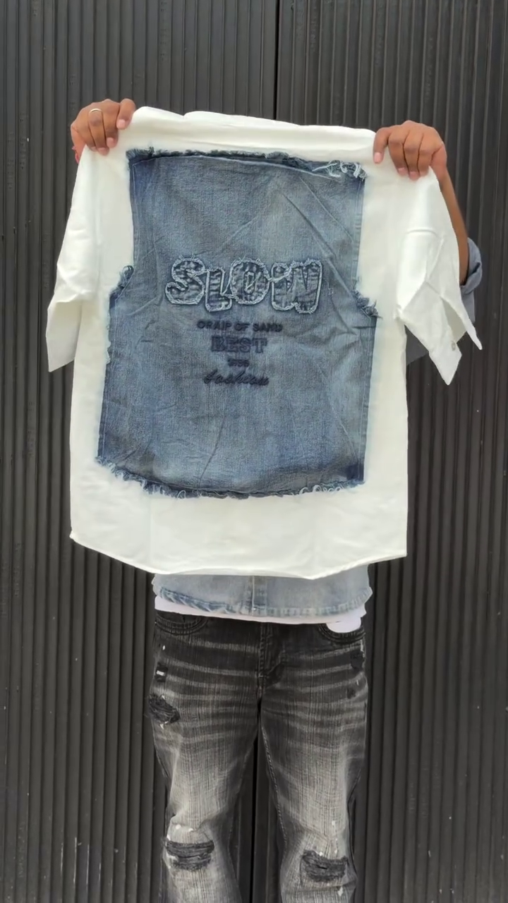 Colourblocked Drop-Shoulder Sleeves Relaxed Fit Denim Casual Shirt - Image 5