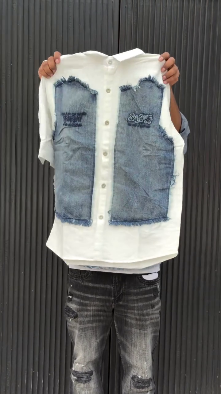 Colourblocked Drop-Shoulder Sleeves Relaxed Fit Denim Casual Shirt - Image 4