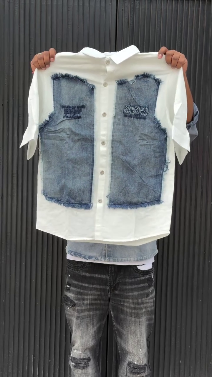 Colourblocked Drop-Shoulder Sleeves Relaxed Fit Denim Casual Shirt - Image 3