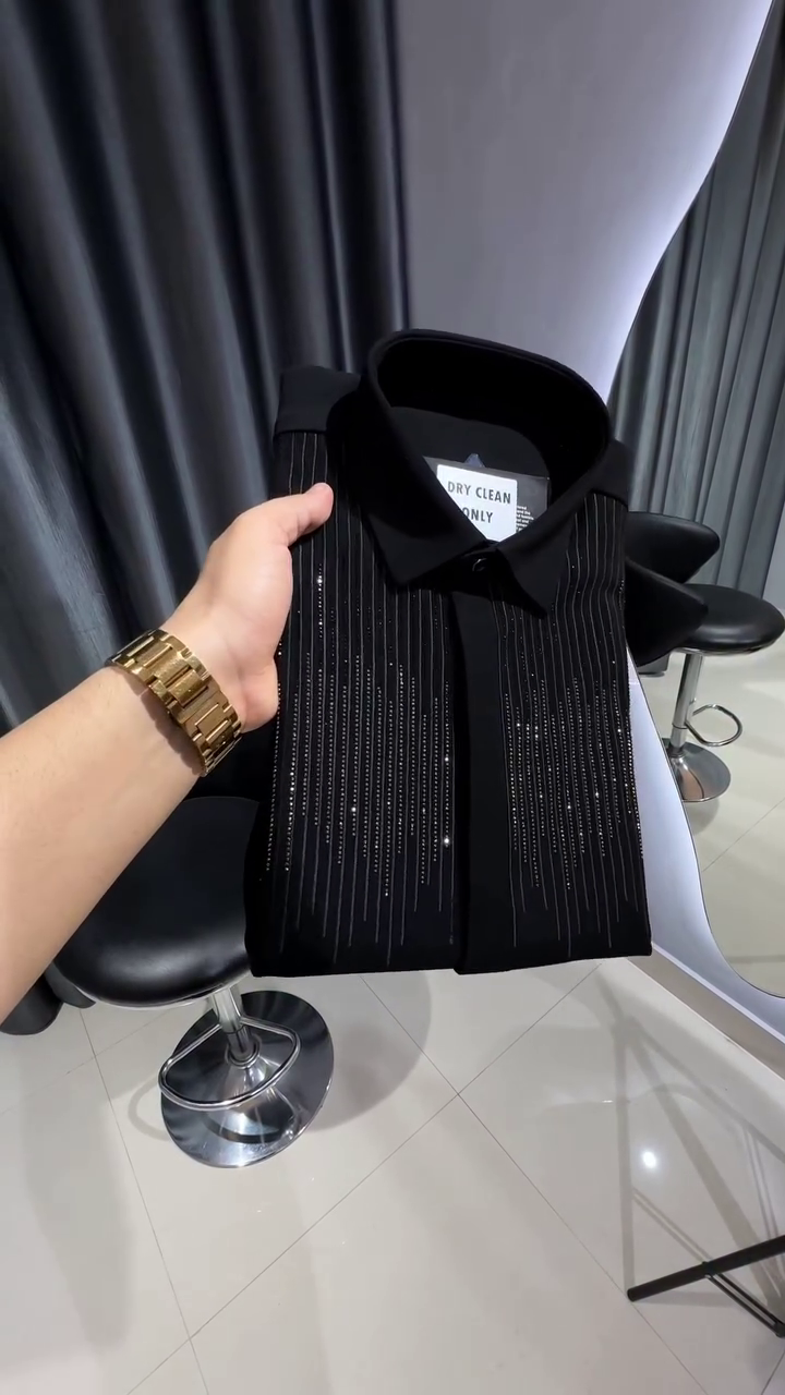 Men Shirt | Slim Fit Full Sleeve Point Collar with Sequin Embellishment - Image 8