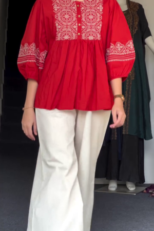 Embellished Ethnic Motifs Tie-up Neck Bell Sleeve Peplum Top