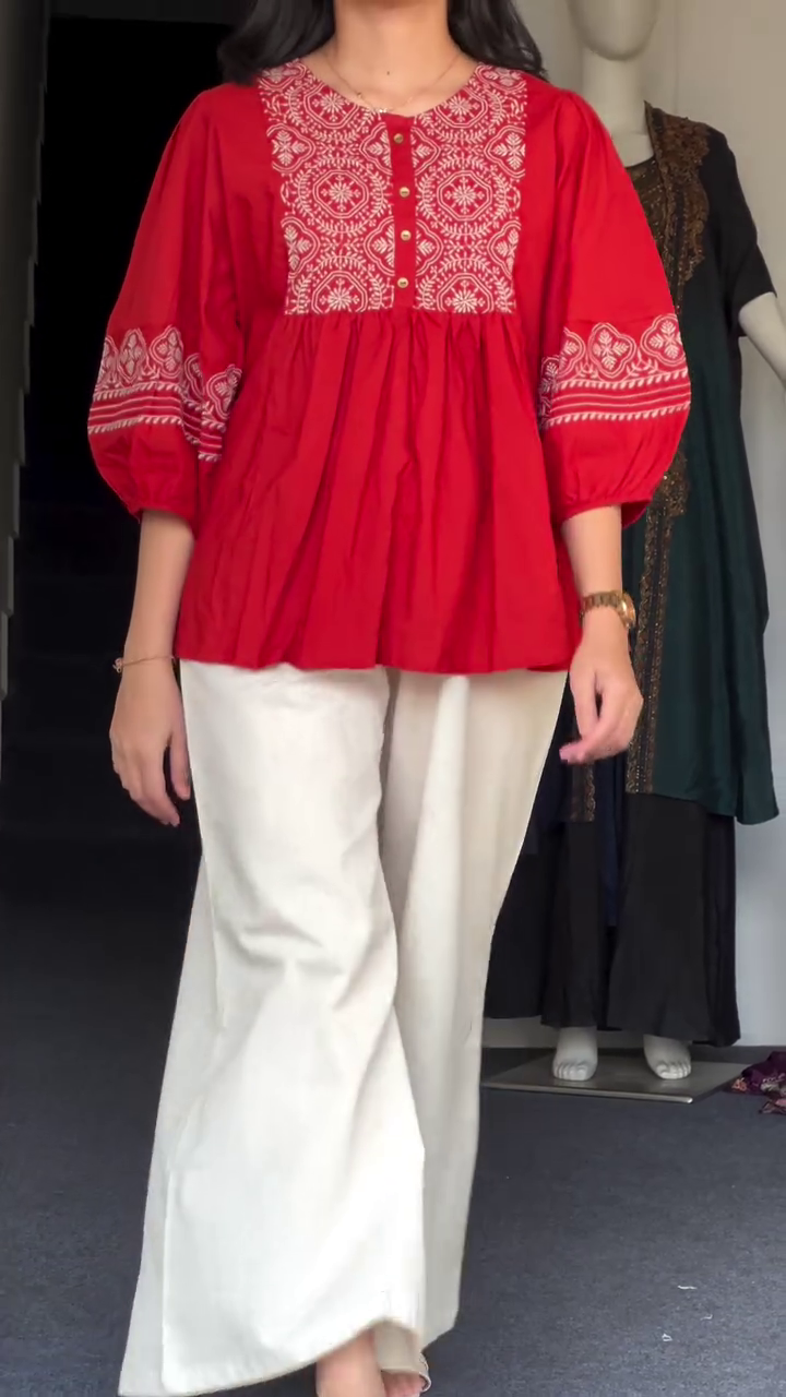 Embellished Ethnic Motifs Tie-up Neck Bell Sleeve Peplum Top