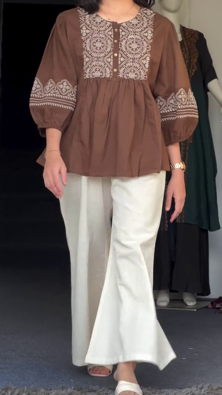 Embellished Ethnic Motifs Tie-up Neck Bell Sleeve Peplum Top - Image 5