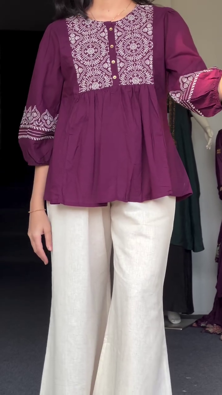 Embellished Ethnic Motifs Tie-up Neck Bell Sleeve Peplum Top - Image 3