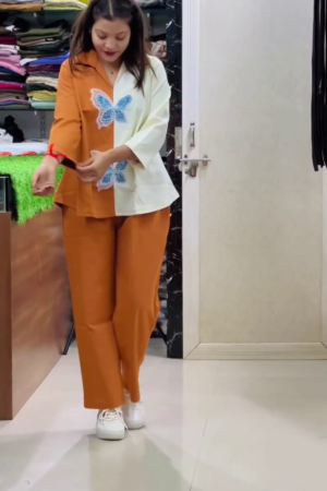 Women Orange Cotton Floral Embroidered Shirt With Palazzo
