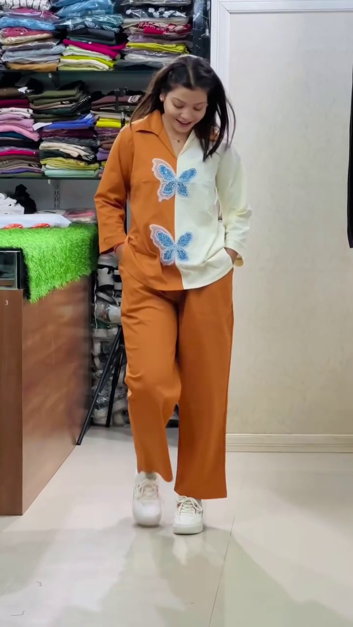 Women Orange Cotton Floral Embroidered Shirt With Palazzo - Image 3